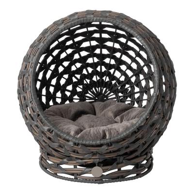 China Washable and water-resistant PE rattan pet beds & accessories Pet Rattan Cat Bed Condo, Elevated with Round Cushion, Grey for sale