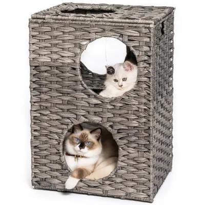 China Washable and water-resistant 2-Layer Rattn Cat House Condo Enclosed Wicker Cat Bed Pet Cages Houses Cat for sale