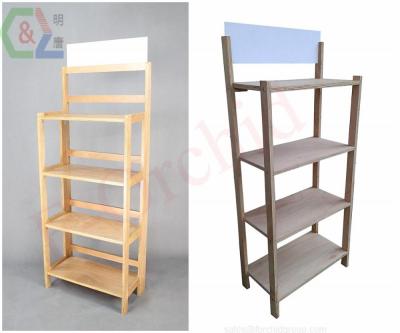 China Simple Foldable Wooden Rack 4-Tier Display For Beverage Fruit Goods W/Sign Board for sale