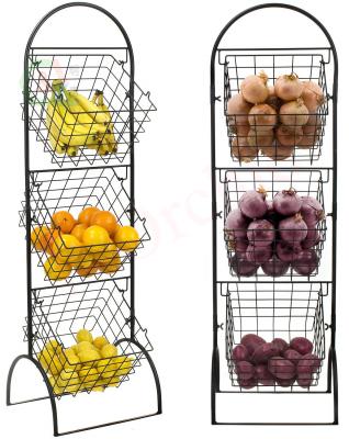 China Single Sided 3-Tier Wire Market Basket Storage Rack For Fruit, Vegetables, Toiletries, Housewares, Stylish Tiered Serving Rack Baskets for sale