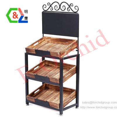 China Eco-Friendly Vintage 3-Tier Metal And Burnt Wood Product Rack With Chalkboard Signs for sale