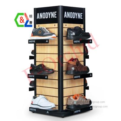 China Custom Corrosion Resistance Floor Rack Metal And Wood Shoe Rack Free Standing Display for sale