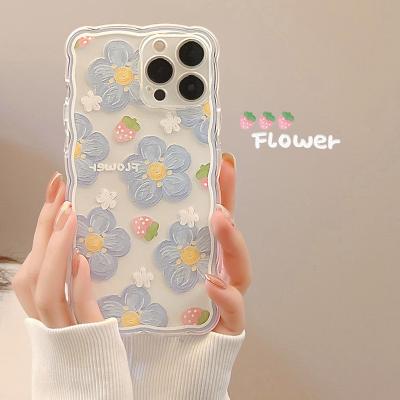 China FOR iPhone 13 Pro INS Oil Painting Max Blue Strawberry Flowers Mobile Cell Phone Case For 13 12 11 Pro XR X XS MINI 7 8 Plus Silicone Cover for sale