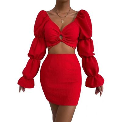 China QUICK DRY Fashion Everyday Design Two Piece Outfits Puff Sleeve Blouse Womens Edge Top Set Suit for sale