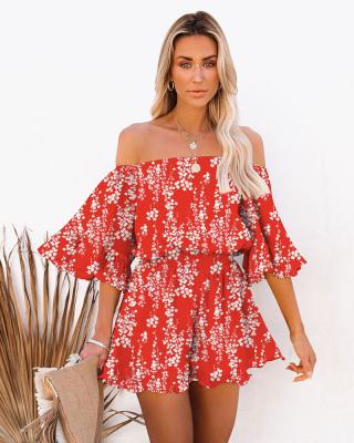 China Suppliers of Women's Clothing Vintage Floral Chic Women's Breathable Flare Sleeve Off Shoulder Rompers for sale