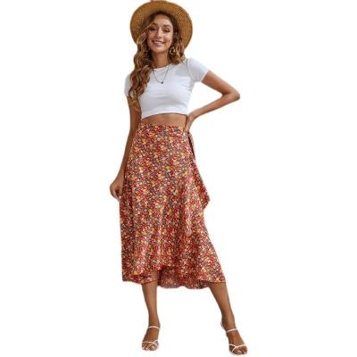 China Summer Breathable High Quality Beach Midi Swing Vintage Long Ruffled Slit Squishy Girls Floral Skirt for sale