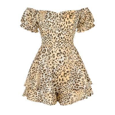 China Summer Breathable Wholesale Waist Belted Chiffon Off Shoulder Romper Women's Leopard Overalls Dresses for sale