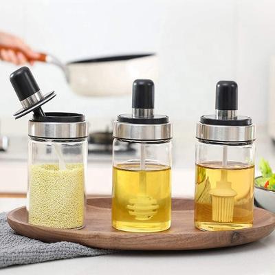 China 250ml Sustainable Spoon And Lid Integrated Glass Bottle Kitchen Spice Storage Spice Lead Free Glass Jar With Spoon for sale