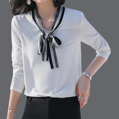 China Fashion Spring And Summer Chiffon Ladies Bowknot Ladies Loose Shirt Anti-pilling Long Sleeve Tops for sale