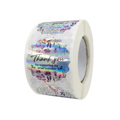 China Unkgo Wholesale Custom Rolls 120pcs New Waterproof Holographic Style Roll Laser Rainbow Flower Pattern Thanks To Crafts Decoration Sticker for sale