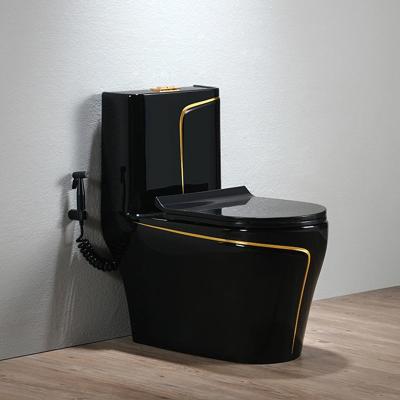 China Modern Simple Black Ceramic Bathroom Washdown Double-Flow Gold Color One Piece WC P-trap/S-trap Toilet Bowl for sale