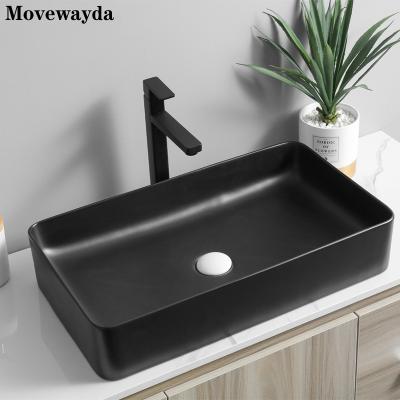 China Modern Stylish Easy Clean Bathroom Countertops Black Art Shape Ceramic Body Wash Basins Rectangular Matte Sinks for sale