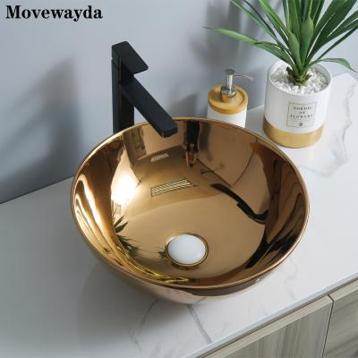 China Hot Selling Easy Clean Full Mounted Gold Bathroom Ceramic Wash Basin Round Electroplate Countertop Art Sink Wholesale Basin for sale