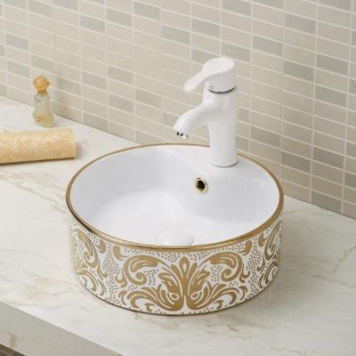 China Countertop Basin With Gilded Round Ceramic Decal K2029-K01 Wash Basin 405*405*145mm for sale