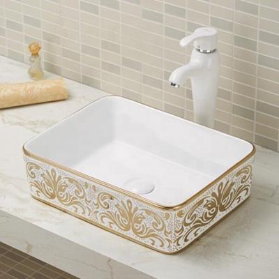 China Countertop Basin With Golden Ceramic Decal K2022-K01 Rectangular Wash Basin 480*370*130mm for sale