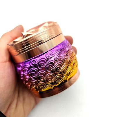 China 2021 Classic New Arrival Auspicious Clouds Engraved Aluminum Herb Grinder 63mm Weed Grinder With Spinner for sale