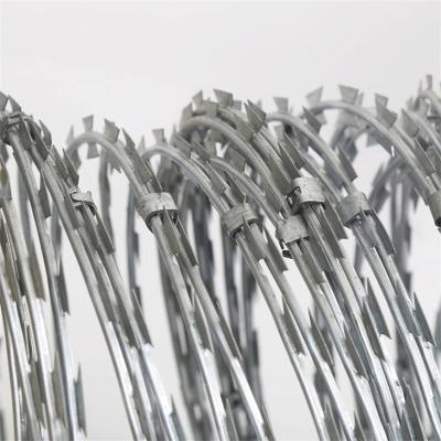 China Galvanized Stainless Steel Single Loop Cross Concertina Flat Barber Razor Wire 450mm B22 BT 45 60 65 Mesh Fence for sale