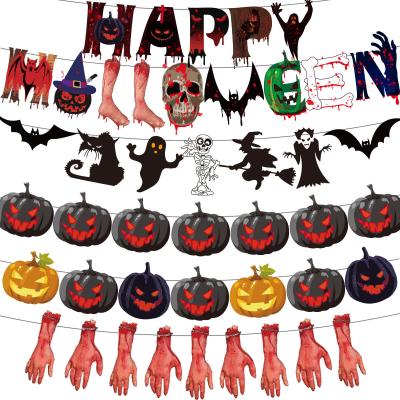 China Red Hanging Halloween Paper Banner Flag Horror Festival Party Stage Decoration Pumpkin Hand Ghost Flag for sale