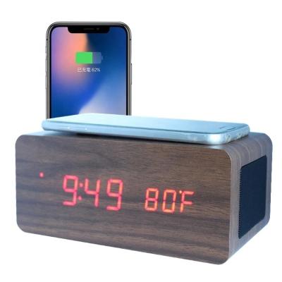 China Best Style Antique Sell 3 in 1 Wooden Wireless Charger Speaker with Led Clock Wireless Charging Alarm Clock for sale