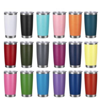 China Viable Wholesale RTS Hot Sale Powder Coated 20 Oz Double Wall Stainless Steel Vacuum Tumbler Cups With Slip Lid for sale