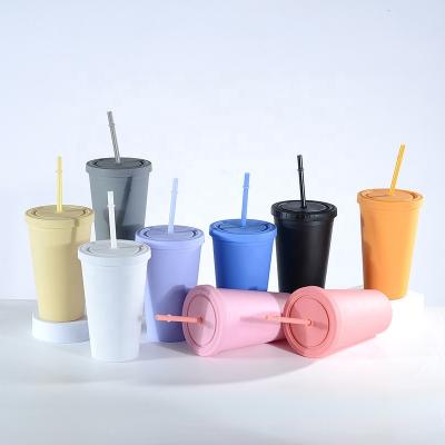 China 16oz Double Decker Reusable Wall Colored Matte Black Plastic Bulk Cold Acrylic Drinks Tumbler Cups with Lid and Straw for sale