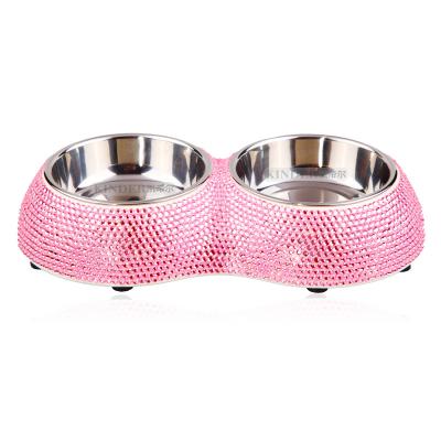 China Pet Viable High Quality Feeder Luxury Bling Stainless Steel Rhinestone Dog Food Bowl for sale