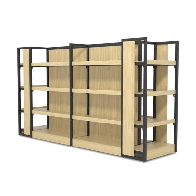 China Single Sided Supermarket Retail Gondola Display Shelf Display Steel-Wood Shelving Shelf For Sale for sale