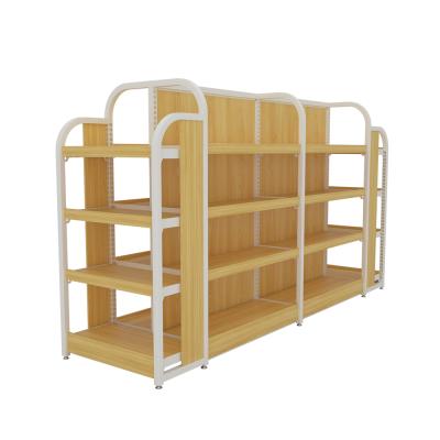 China Single Sided Mall Display Stand Iron And Wood Material Supermarket Rack for sale