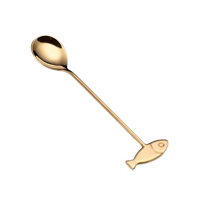 China Fancy Tangled Design Cat and Fish Cartoon Image 18/8 Stainless Steel Gold Tea Spoon Creative Stocked Spoon for sale