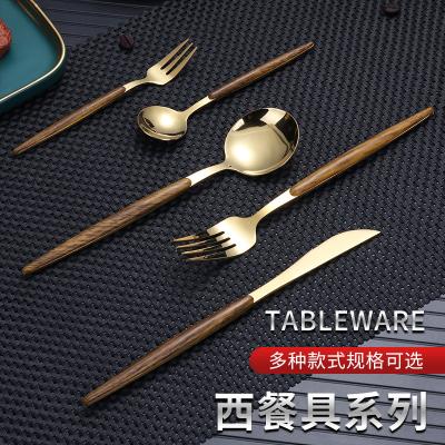 China Stocked Portuguese Gold Plated Wooden Handle Style Spoon Fork Knife 5pc-set Cutlery Set for sale