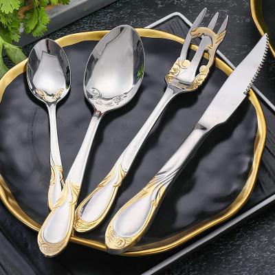 China For hotel royal wedding stainless steel gold flatware set 18/8 luxury portable spoon fork and knife flatware set for wedding party for sale