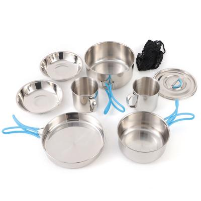 China Eco-friendly stainless steel camping cookware set with lid metal travel pot camping cookware wholesale mess kit for cooking for sale