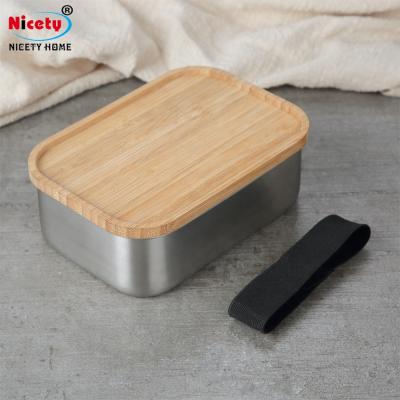 China Reusable Wooden Freshness Preservation Food Storage Containers Lid Stainless Steel Rectangle Wooden Lunch Box For Kids School for sale