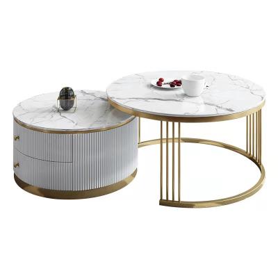 China Modern Stainless Steel Leg Ceramic Coffee Table End Table Side Table With Solid Wood Drawer for sale