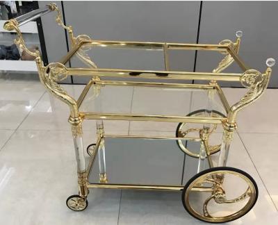 China Modern Tempered Glass Trolley Shelf Furniture Brass Gold Bar Wine Cart for sale