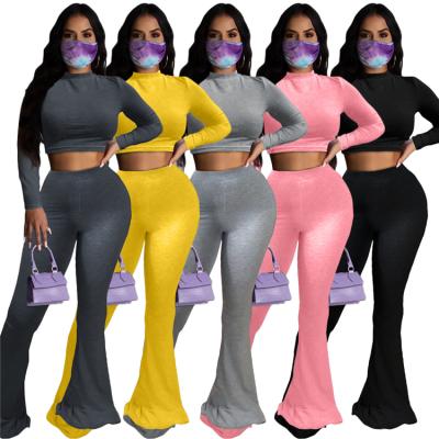 China Antistatic Fashionable Antistatic Long Sleeve Crop Top With Flare Pants 2 Pieces Set Drop Clothing For Women for sale