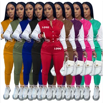 China Autumn Winter Breathable Custom Casual 2021 breathable plus size fashion ladies cropped letterman baseball women two piece set jacket for sale