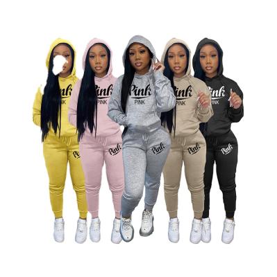 China 2022 Autumn New Arrivals Pink Letter Print Tracksuit Viable For Women Sport Long Sleeve Two Piece Set Pockets Hooded Sport Tracksuit for sale