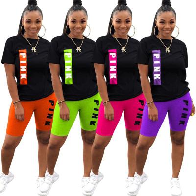 China Breathable product suits in 2021 new beautiful summer S-2XL letter printing breathable sportswear top selling color matching women 2 piece set for sale