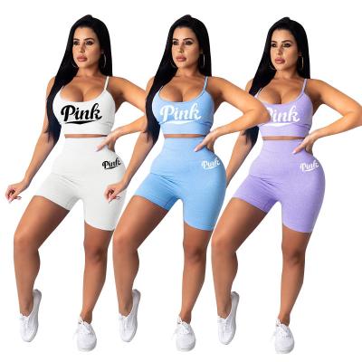 China 2021 new arrivals fashion breathable women's casual sports letter printed upper two-piece sling suit sports yoga 2 pieces set women for sale