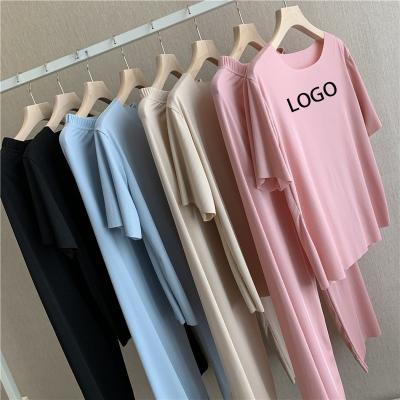 China 2021 Hot Sale Ice Cream QUICK DRY Sleepwear Solid Color Comfotable QUICK DRY Fabric Tops And Pants Wide Leg Women Two Piece Set Pajamas Wide Leg Clothing for sale