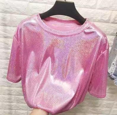 China 2021 Summer Top High Quality New Fashion Anti-Wrinkle Anti-Wrinkle Design Glittering And Reflecting Solid Color Ladies T-shirt Women Casual Tops for sale