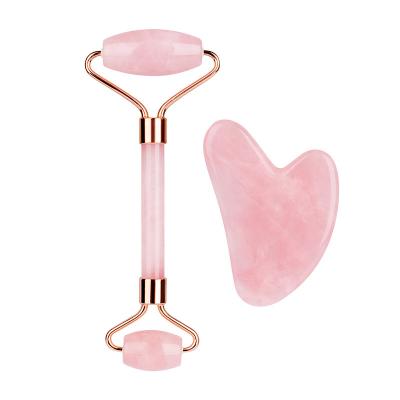 China Face Lift Therapy Anti Aging Nephrite Stone Pink Rose Quartz Jade Roller and Gua Sha Set for sale