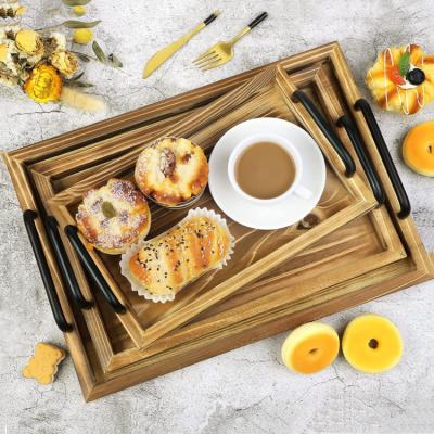 China Morden Wrought Iron High Quality Rectangular Handle Tray Food Tray Fruit Wooden Tray for sale