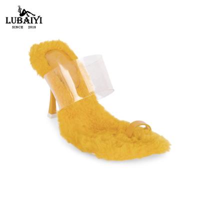 China Luxury Products PVC Shoes Sandals Summer Thermal Warm High Heel Real Fur Ring Toe Fur Striped Heeled Mules for sale