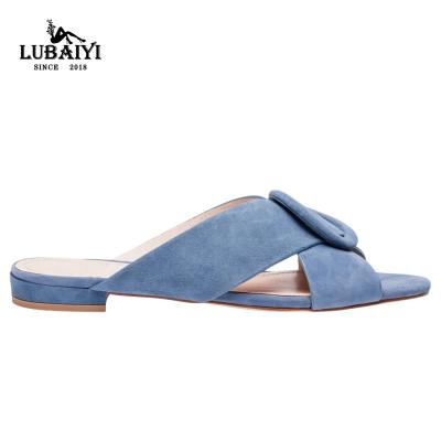 China CUSHIONING Round Toe Fashion Flat Slide Suede Women's Round Ring Slipper Soft Shoes Baby Blue Sandals for sale