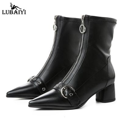 China Waist Increasing Women Handmade Leather Shorts Booties Pointed Link Booties Front Zipper Black Martin Boots Dress for sale