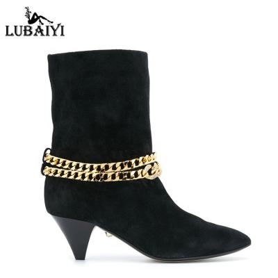 China Fashion Metal Chain Stiletto Boots Thermal Custom Women's Boots Short Slip On Shoe Pointed Toe Mid Calf Booties for sale