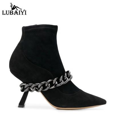 China New Thermal Style Strange Heels Leather Trim Toe Chain Winter Booties With Metal Led Suede Ladies Ankle Boots for sale