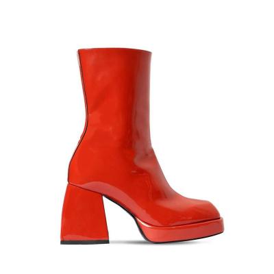 China High Quality Women's Orange Shiny High Heel Breathable Single Platform Thick Leather Boots Women's Boots for sale